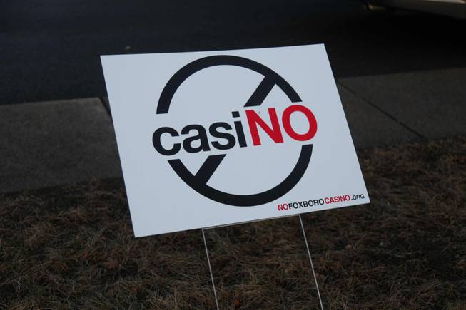 Signs like this, made and distributed by the No Foxboro Casino group, are placed in front yards all over Foxborough and the neighboring town of Walpole, registering locals' objections to plans for a casino.
